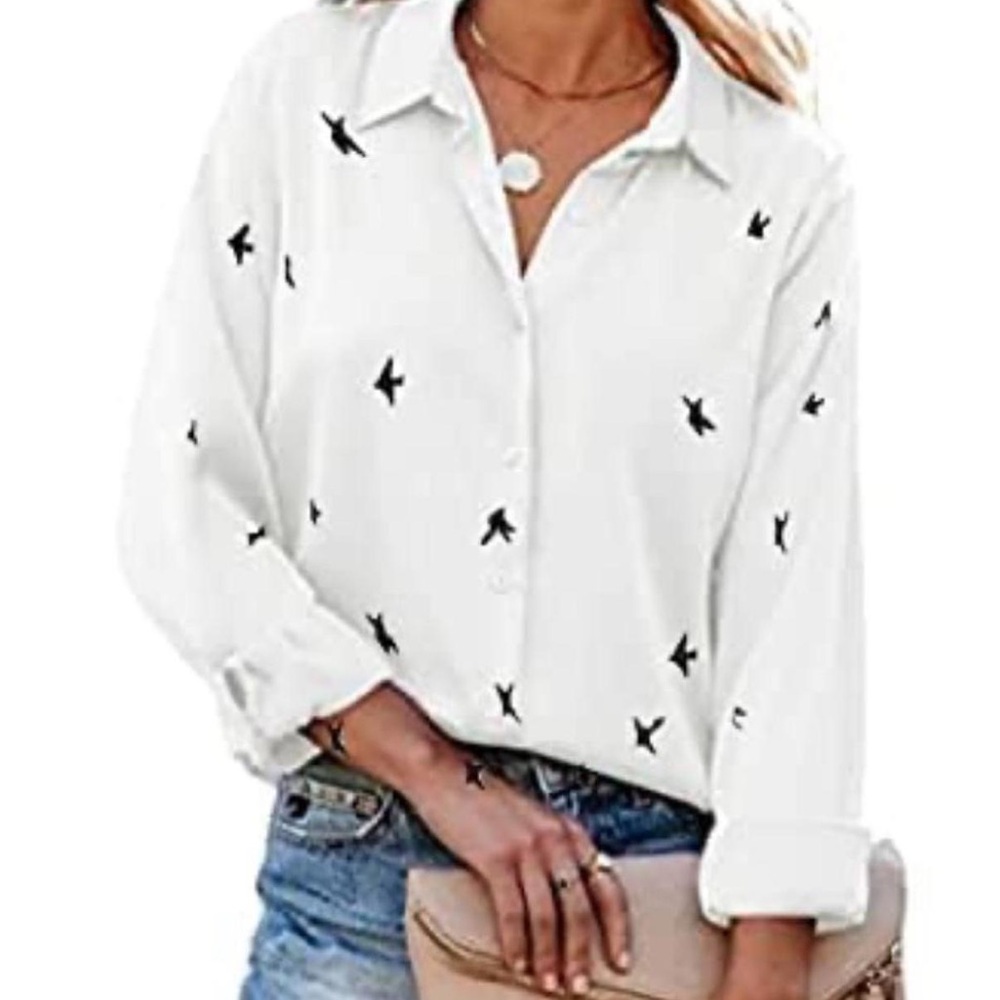 Elegant White Button-Down Shirt with Swallow Bird Design Women’s Size Large